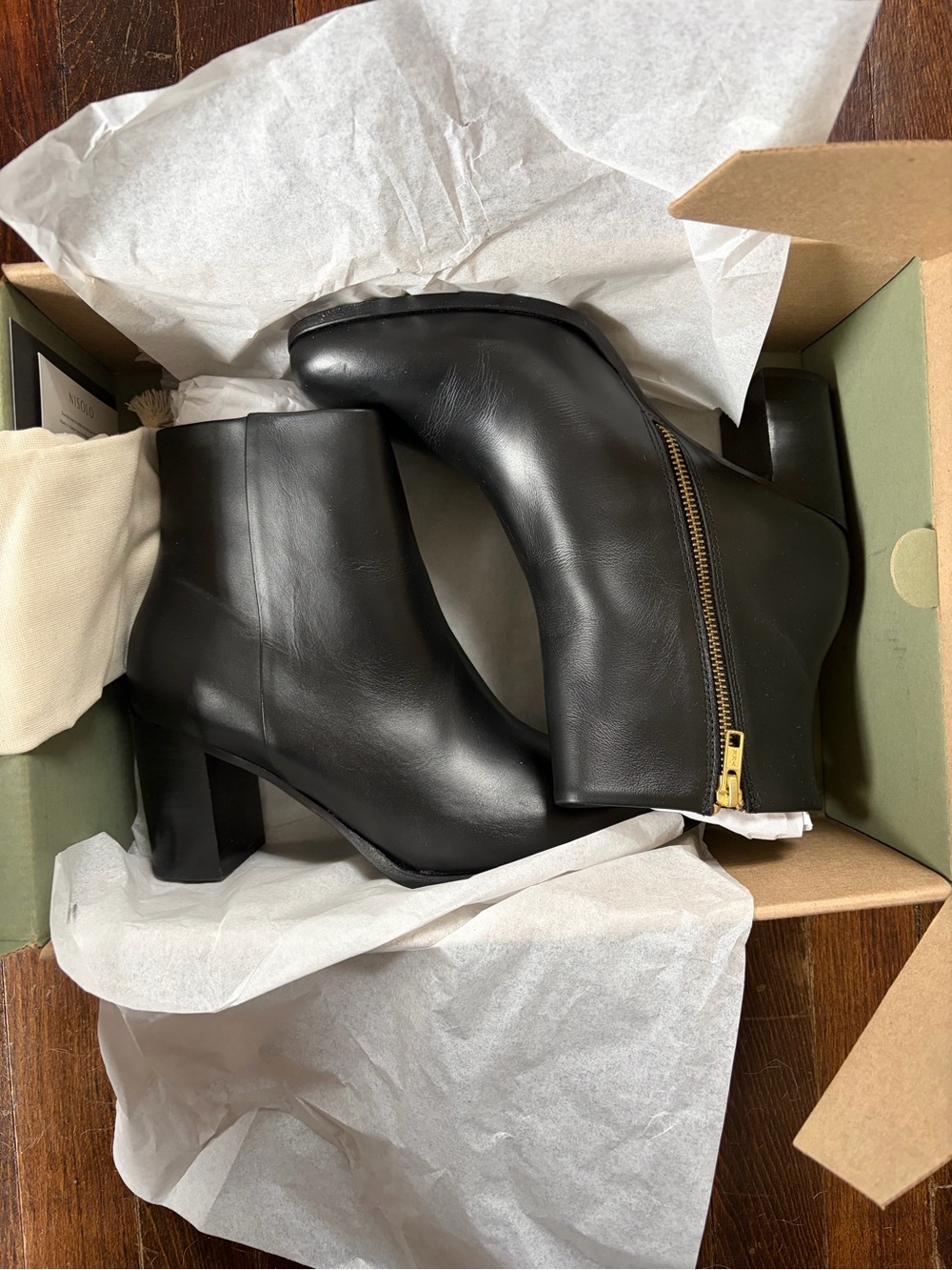 Nisolo Black Leather Ankle Boots with Gold Zip